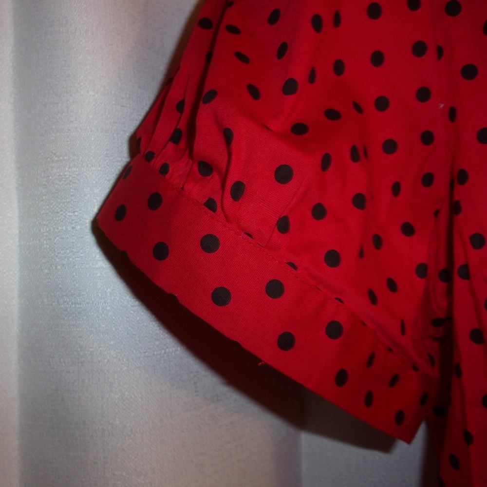 Red and Black Polka Dot Short Sleeve Button Down Blouse - Picture 4 of 8